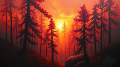 A dreamlike oil painting showcases a dense forest bathed in the warm glow of a setting sun. Reds, oranges, and yellows create