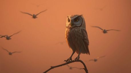 A heartwarming Pixar-style photograph depicts a blind owl, with a serene inner vision, guiding birds on their flight journeys
