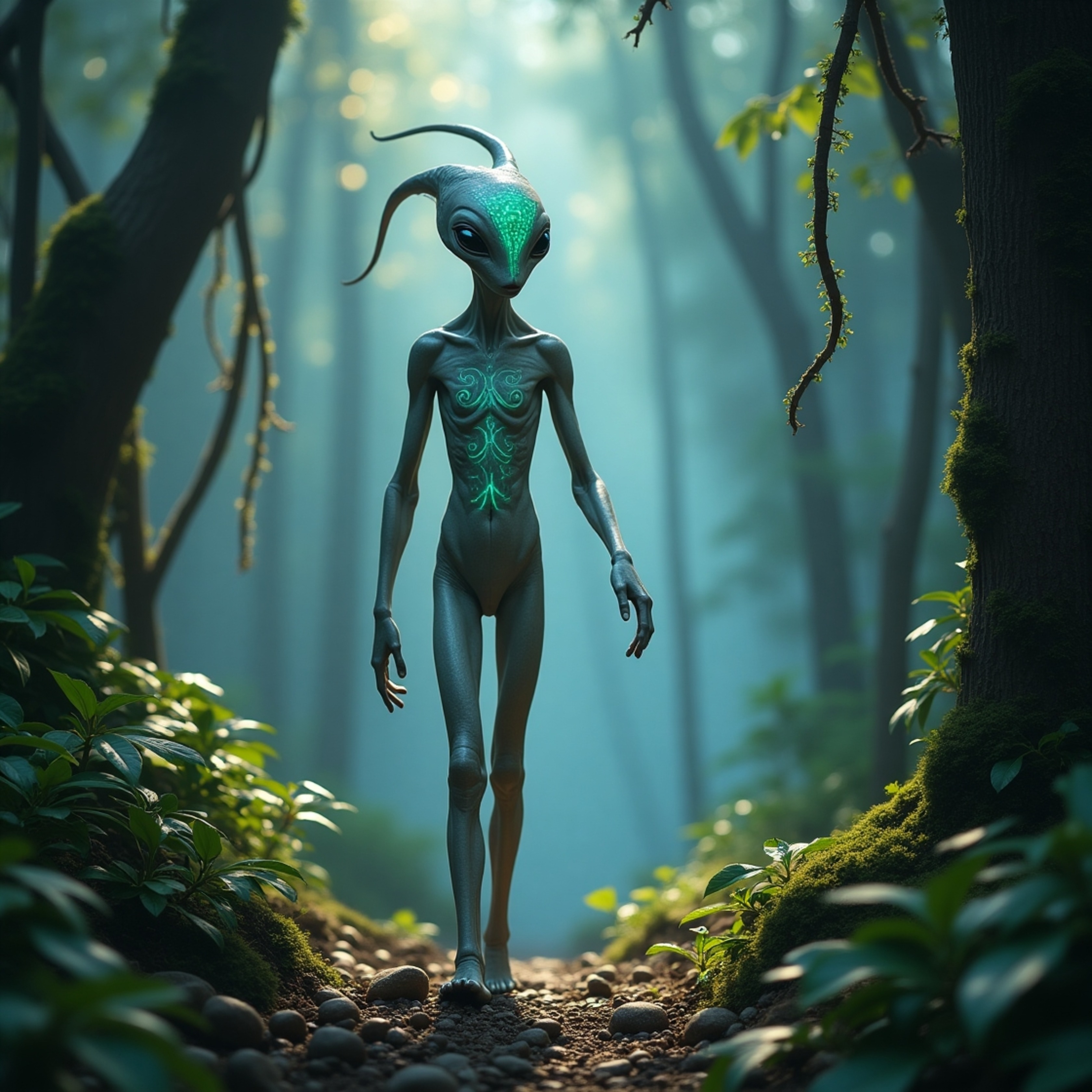 An otherworldly scene unfolds as a statuesque alien, its pale gray skin adorned with swirling patterns of blue and green lumi