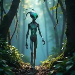 An otherworldly scene unfolds as a statuesque alien, its pale gray skin adorned with swirling patterns of blue and green lumi
