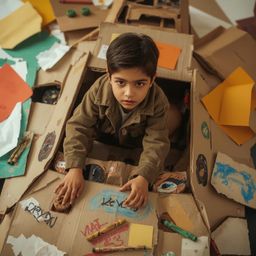 A captivating high fashion photography series featuring a young boy with expressive features and radiant skin, immersed in a 