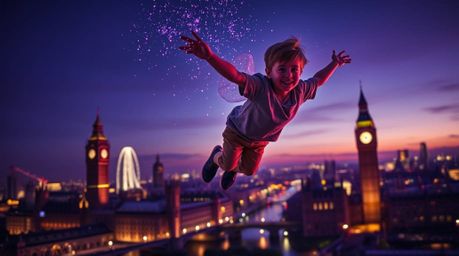 This high-resolution stock photo captures a young boy soaring above London, propelled by magical pixie dust.  Rendered in dee