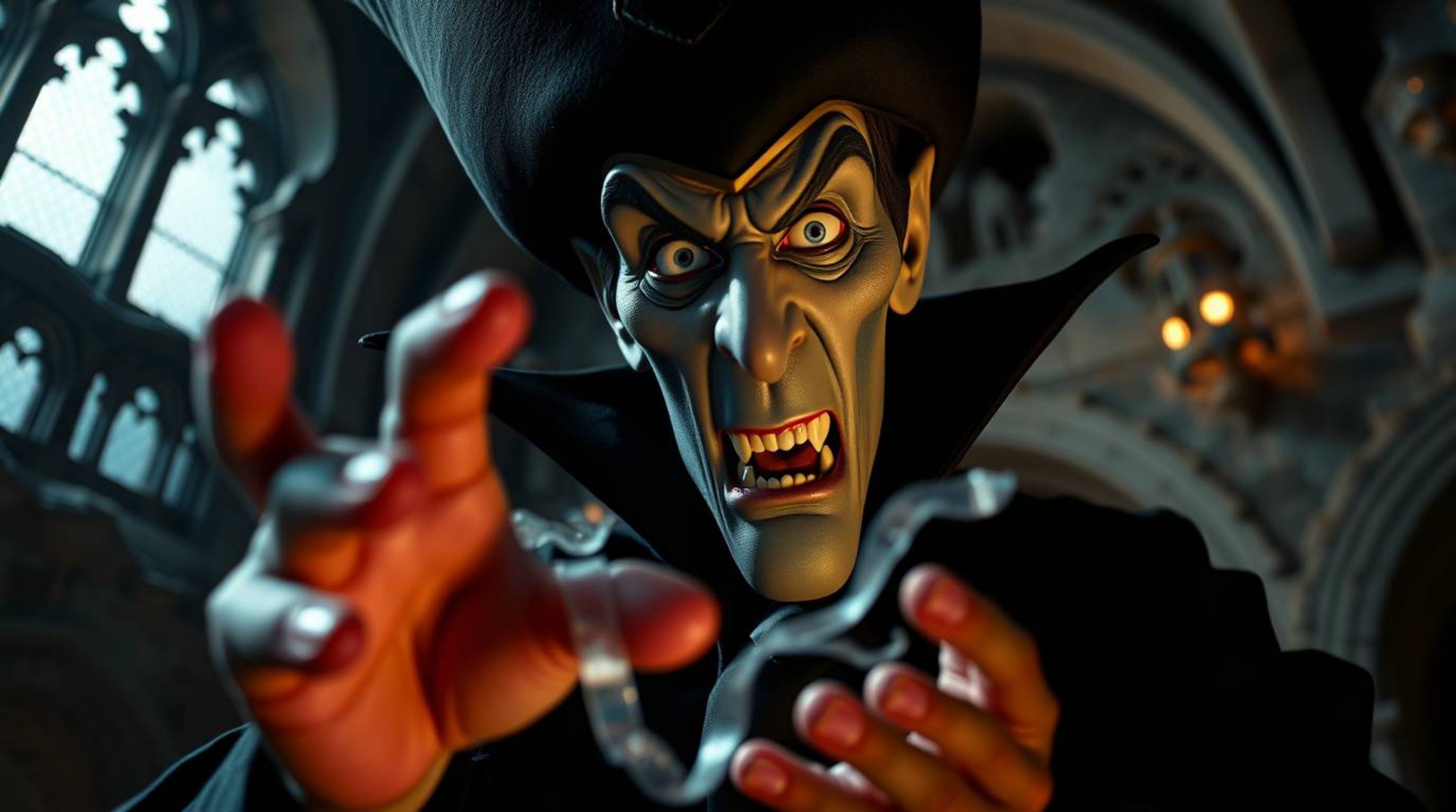 A captivating high-resolution stock photo showcasing an extreme close-up of a classic Disney villain. The image features sha