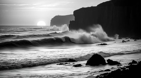 A captivating black and white photograph depicting the dramatic power of waves crashing against rugged cliffs at sunset.  The