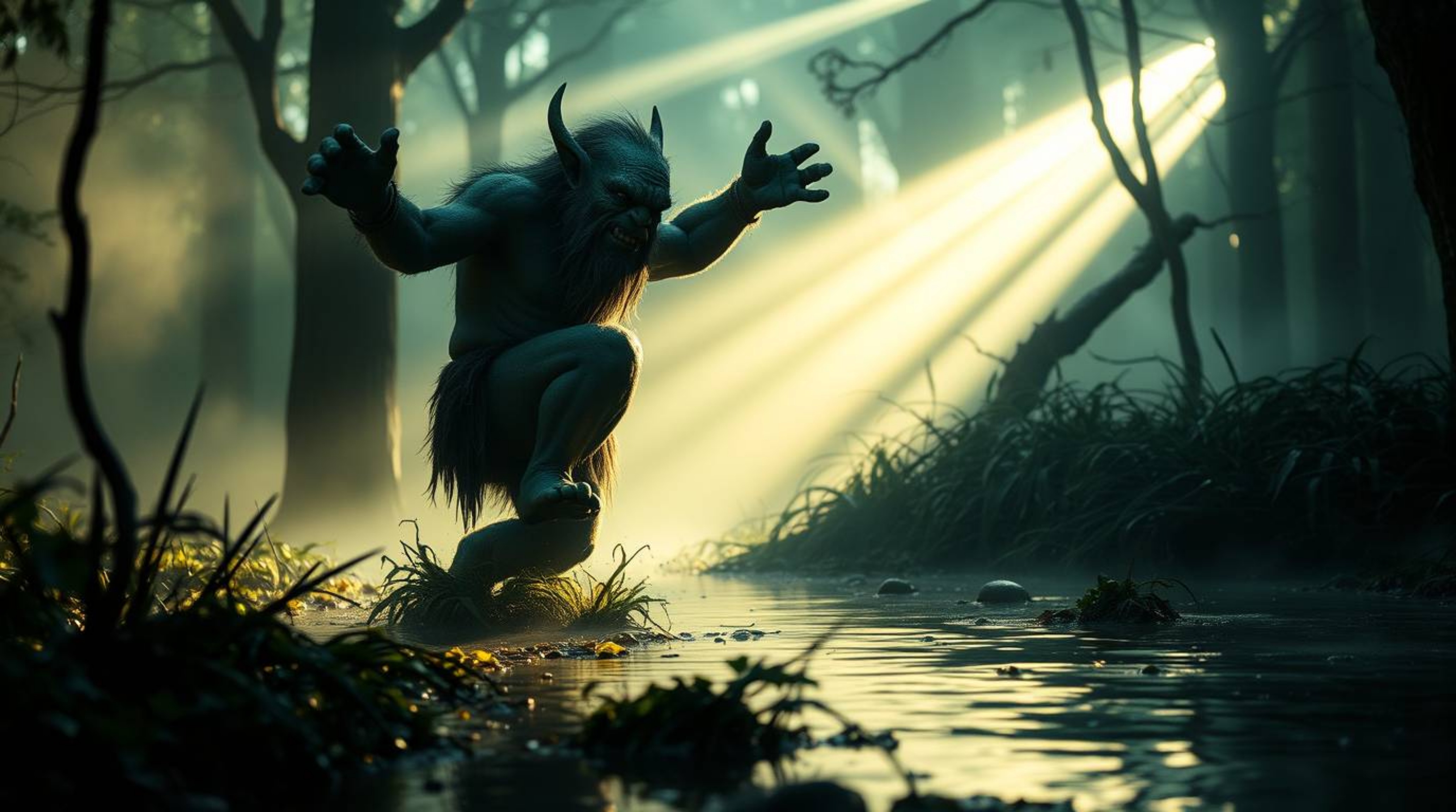 A captivating high-resolution stock photo depicts an ogre joyfully dancing in a mystical swamp.  Volumetric lighting creates 