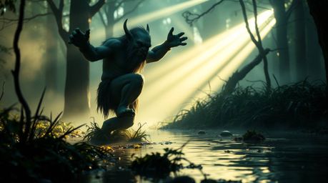 A captivating high-resolution stock photo depicts an ogre joyfully dancing in a mystical swamp.  Volumetric lighting creates 