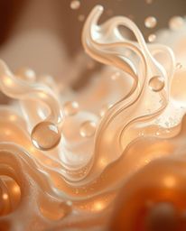 Immerse yourself in an ethereal, dreamlike scene bathed in natural earth tones. Glassy fluid 3D shapes dance in motion, encir