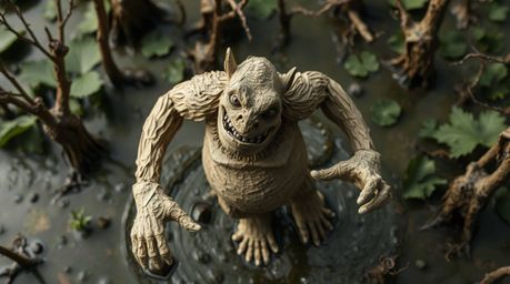 A high-angle shot reveals a meticulously sculpted papier-mâché ogre dancing in a swamp.  The layered texture of the ogre is c