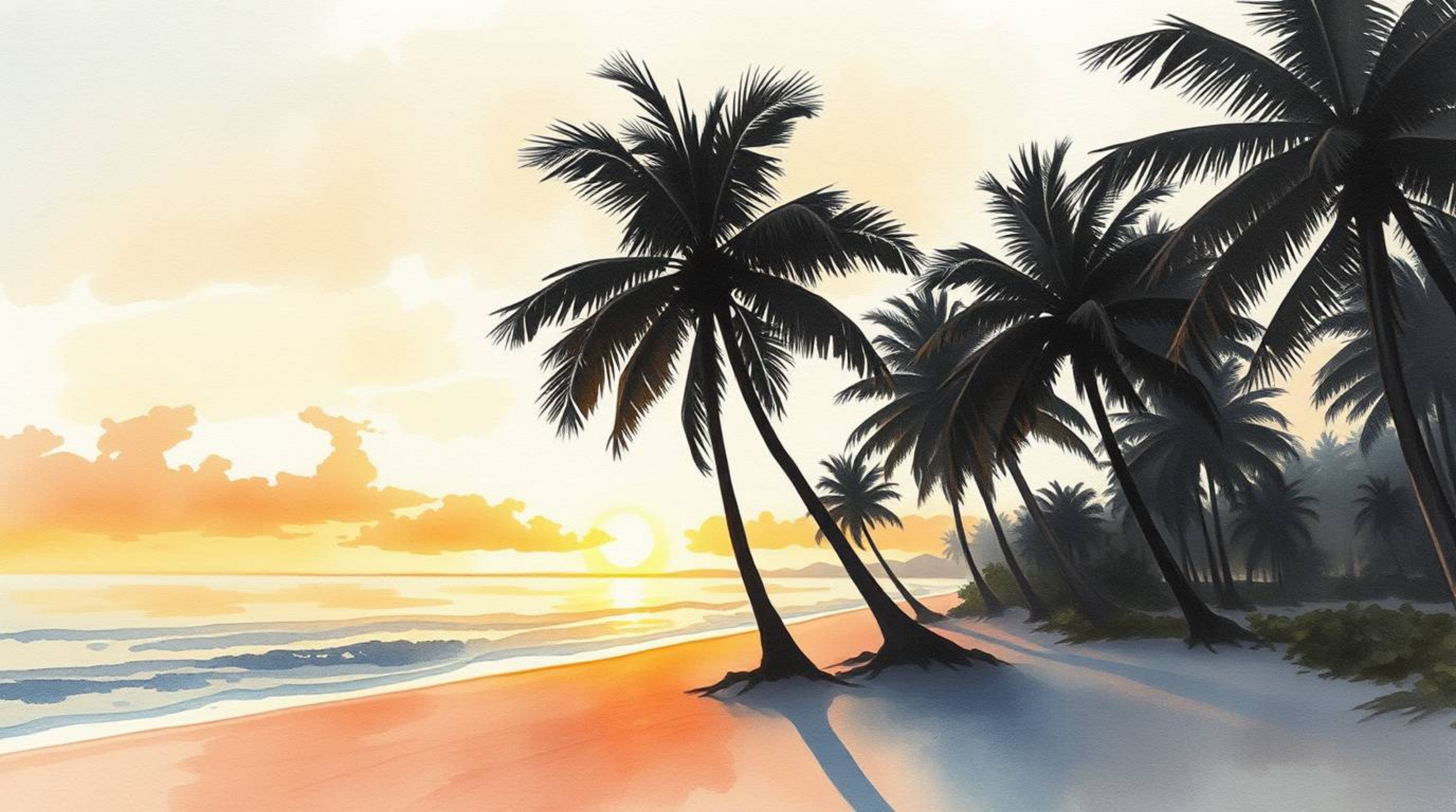 This collection features delicate watercolor paintings depicting graceful and elegant tropical beach sunsets. Each artwork sh