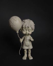 Discover captivating sculptural clay art depicting a child holding a balloon. This piece features meticulously modeled shapes