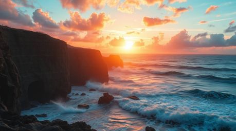 Experience the breathtaking beauty of waves crashing against dramatic cliffs under a vibrant sunset sky.  This mesmerizing sc