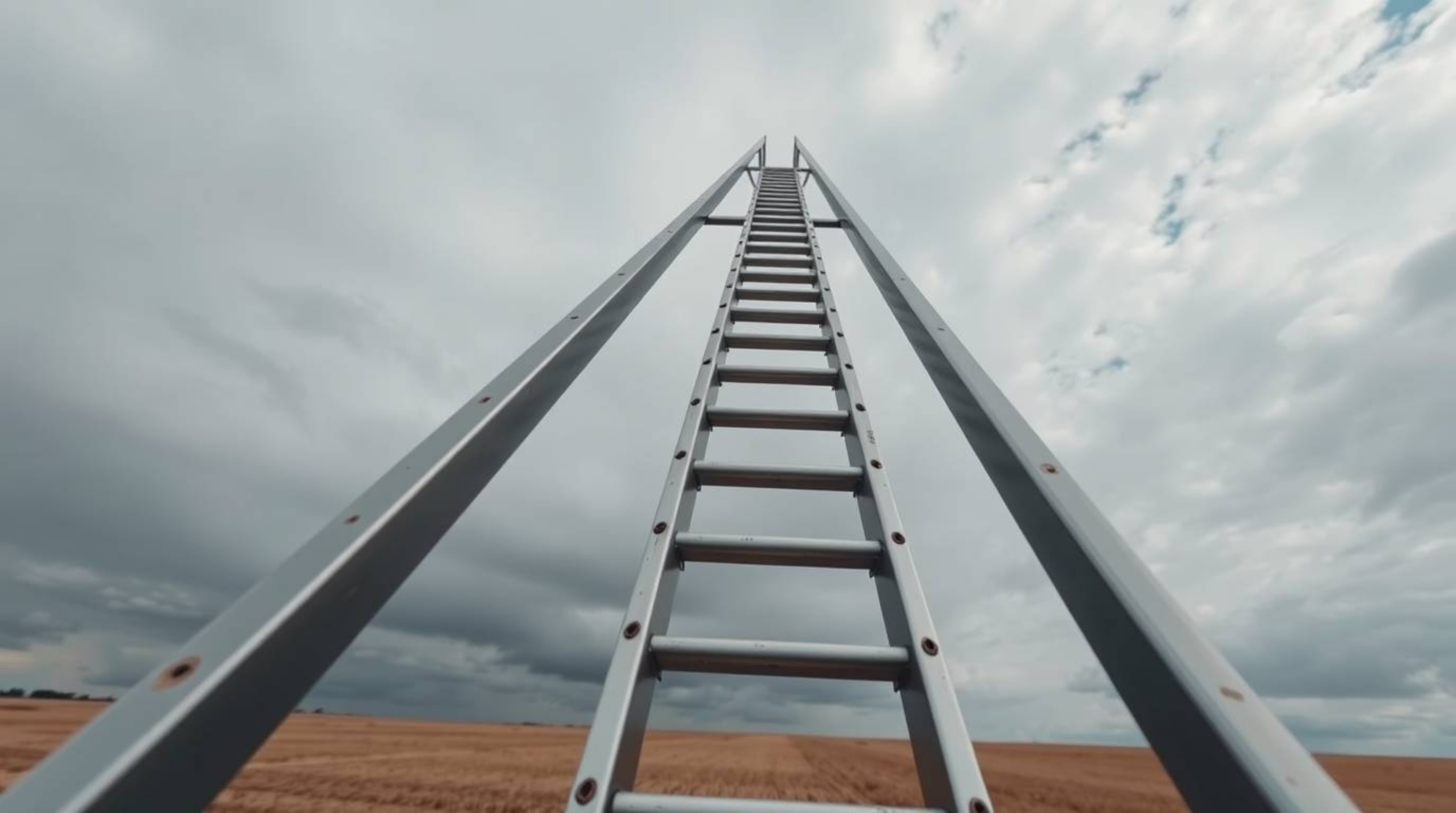 A captivating high-angle architectural photograph depicts a silver ladder standing alone in a vast open field under a dramati