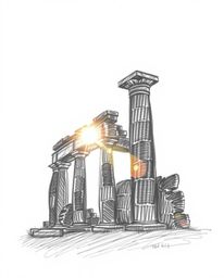 A hand-drawn sketch captures a sunset casting shadows through ancient stone ruins. The scene is defined by its silhouetted ba