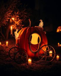 Witness a breathtaking surreal transformation of a pumpkin into a magical carriage. Bathed in warm candlelight and infrared t