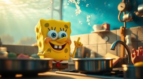 A captivating photograph showcasing a lively sponge character cooking in a brightly lit underwater kitchen.  Captured in a un