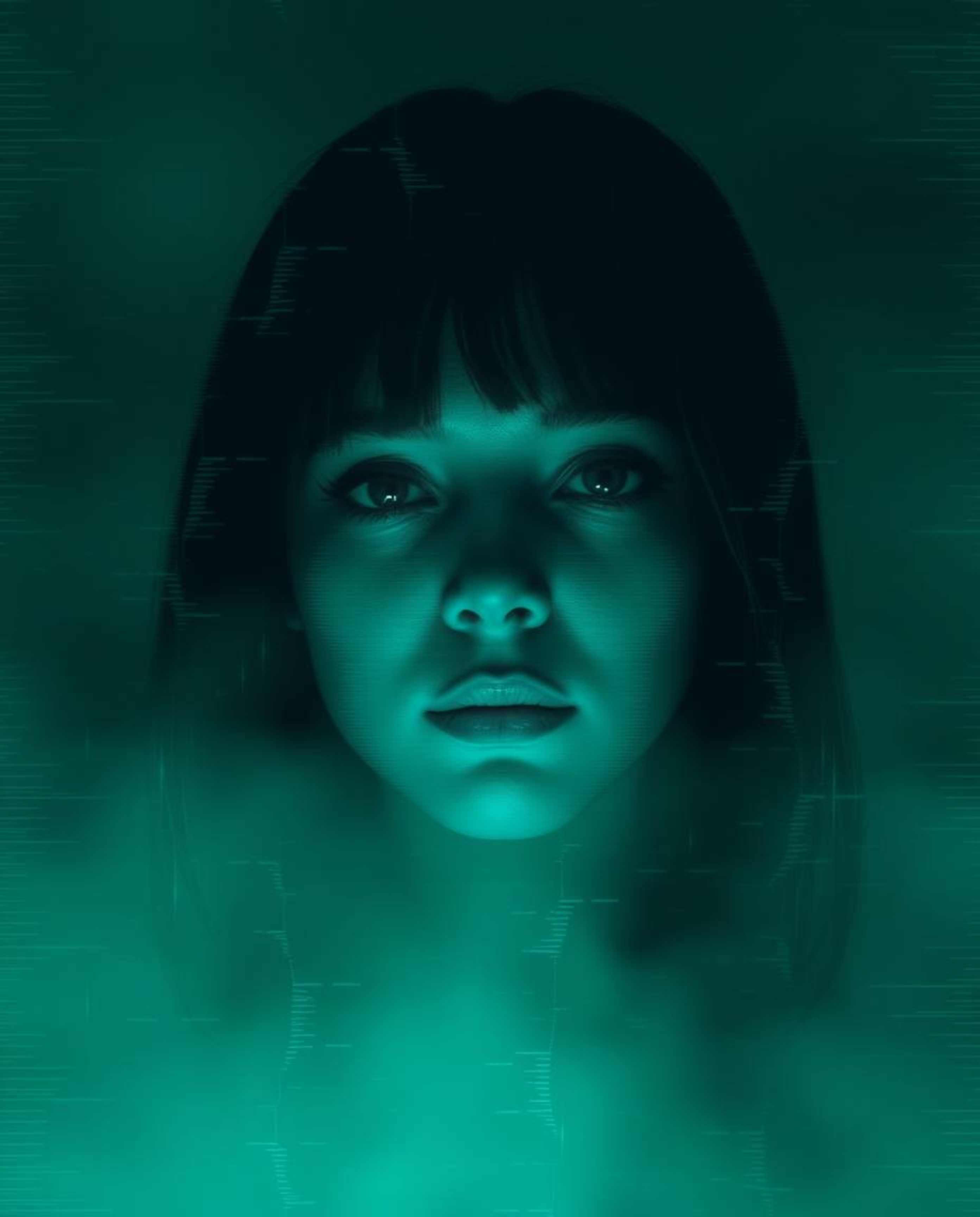 Discover stunning digital glitch art portraits featuring a corrupted data look, pixelated style, and a rich, deep teal color 