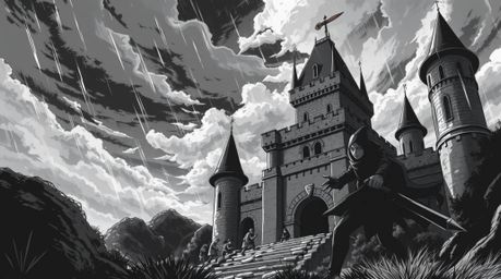 A classic black and white Isekai anime scene depicts a dramatic and tense moment as a thief sneaks into a heavily guarded cas