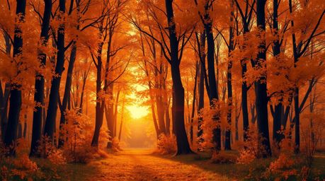 A captivating digital illustration portraying an autumn forest aglow with the warm light of a setting sun. The artwork featur