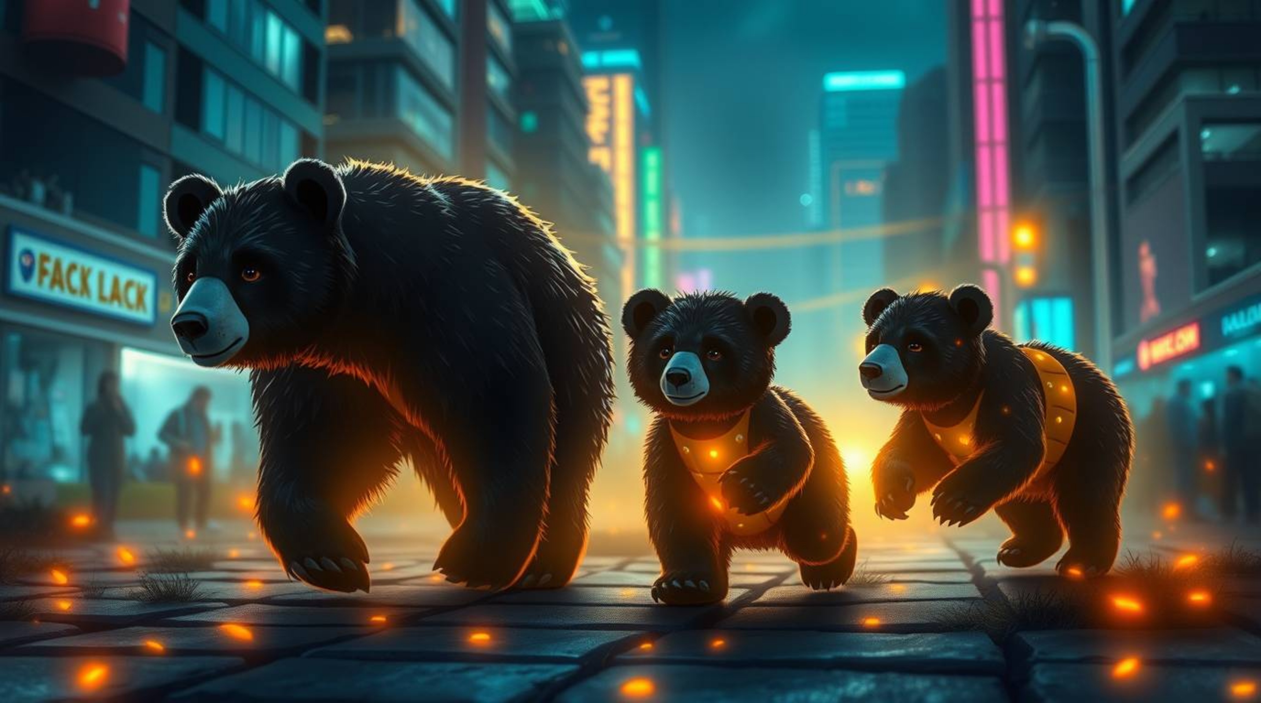 Follow a captivating bear family as they navigate a vibrant urban landscape bathed in glowing bioluminescent colors and natur