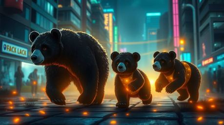 Follow a captivating bear family as they navigate a vibrant urban landscape bathed in glowing bioluminescent colors and natur