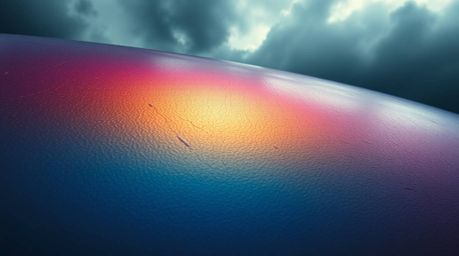 Experience a captivating cinematic composition featuring an iridescent gradient textured metallic surface.  Dramatic weather 