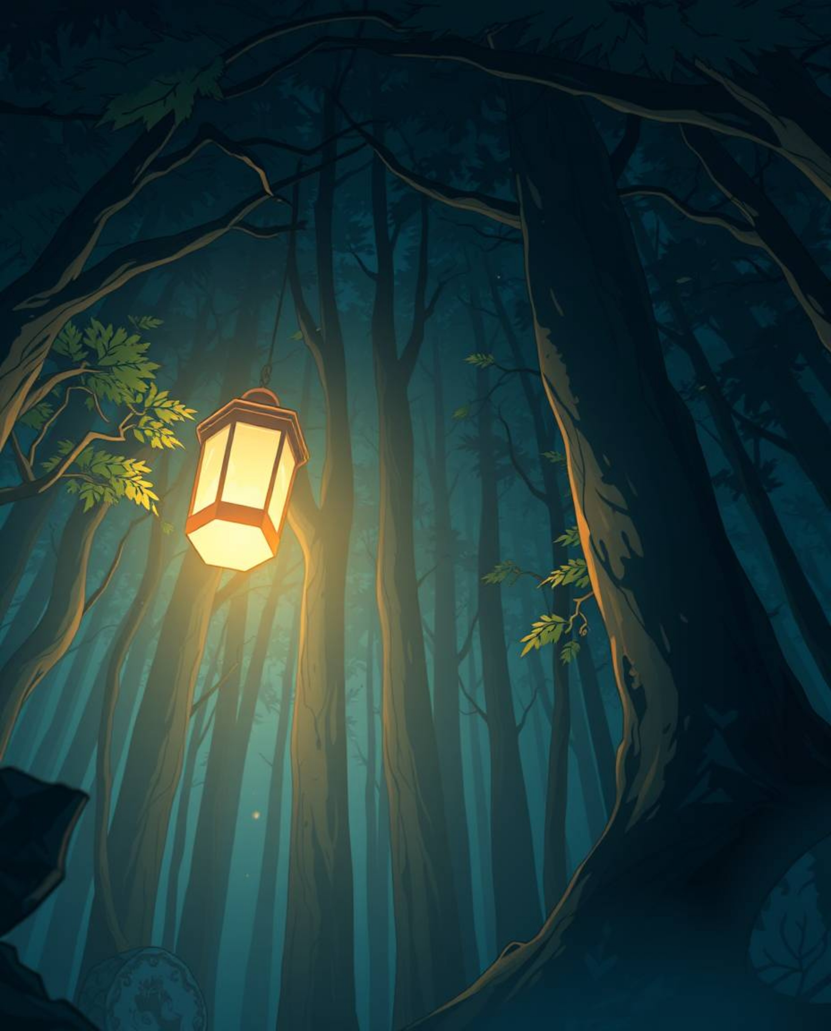 A captivating low-angle Isekai anime-style image showcases a glowing lantern illuminating a mysterious dark forest.  The expr
