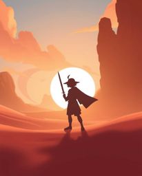 Experience a captivating Disney-style desert adventure featuring a silhouetted brave hero bathed in soft pastel colors.  The 