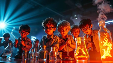 An epic scene captures a group of quirky kids in school uniforms conducting experiments on a massive scale, bathed in volumet