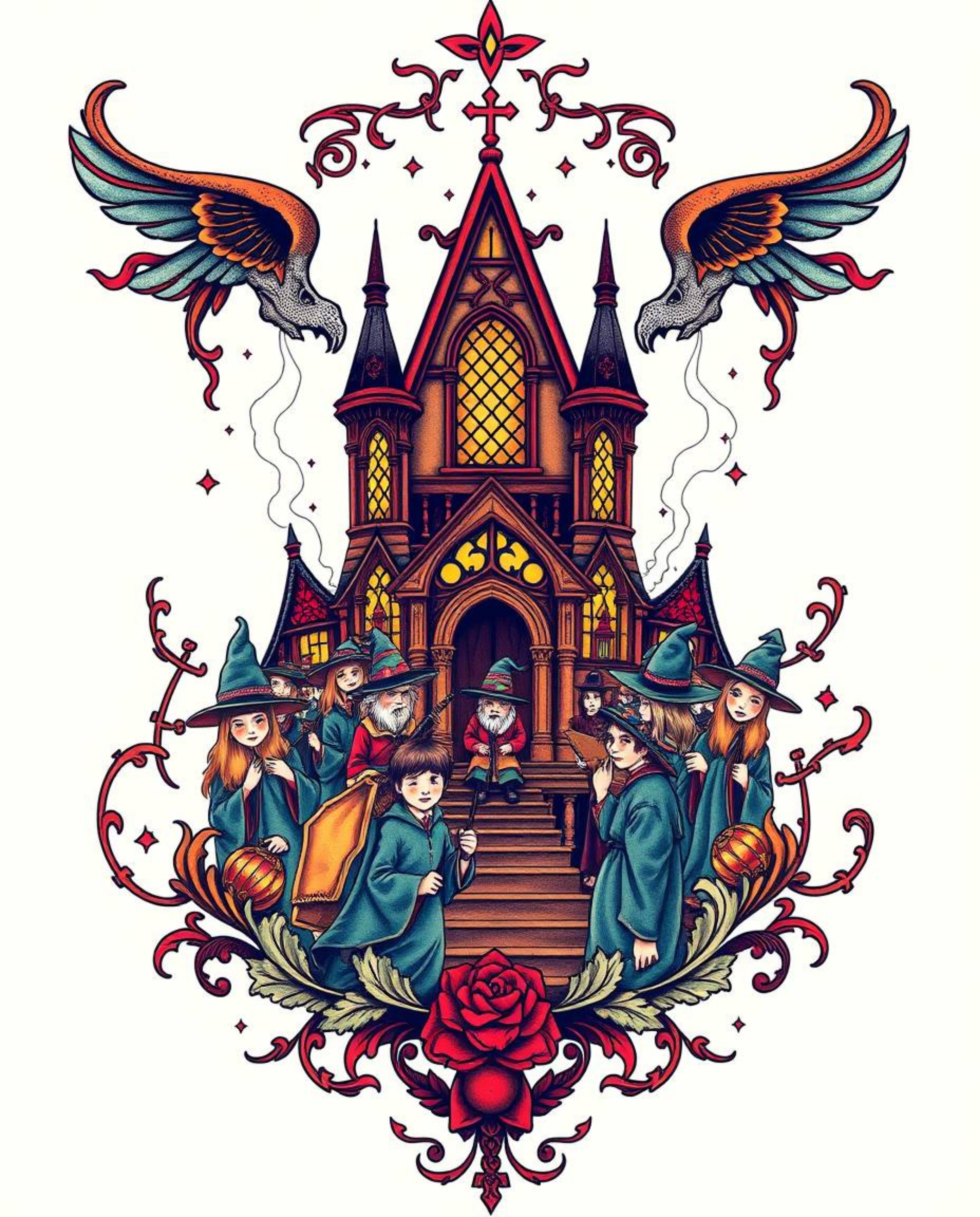 A vibrant, retro-style tattoo art print depicting a magical school brimming with young wizards.  This symbolic design feature