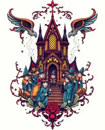 A vibrant, retro-style tattoo art print depicting a magical school brimming with young wizards.  This symbolic design feature