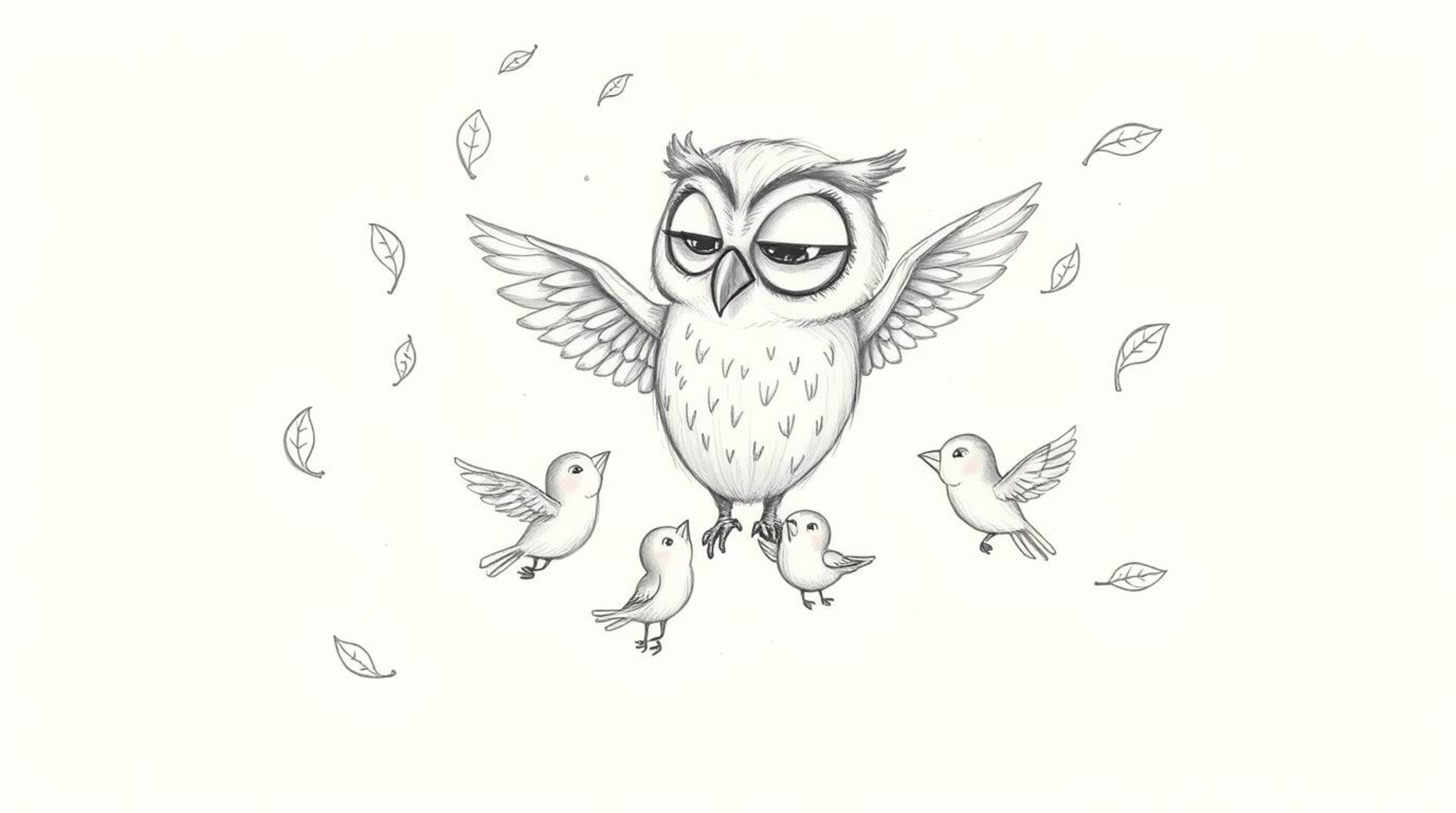 A heartwarming, hand-drawn pencil sketch inspired by Pixar, depicting a blind owl with soft, textured pencil strokes, teachin