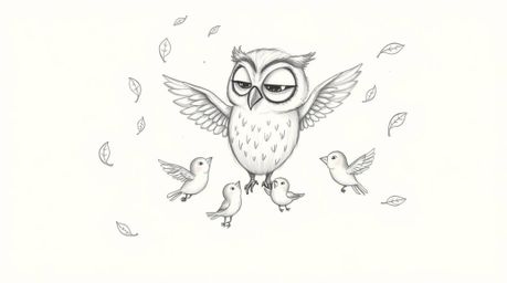 A heartwarming, hand-drawn pencil sketch inspired by Pixar, depicting a blind owl with soft, textured pencil strokes, teachin