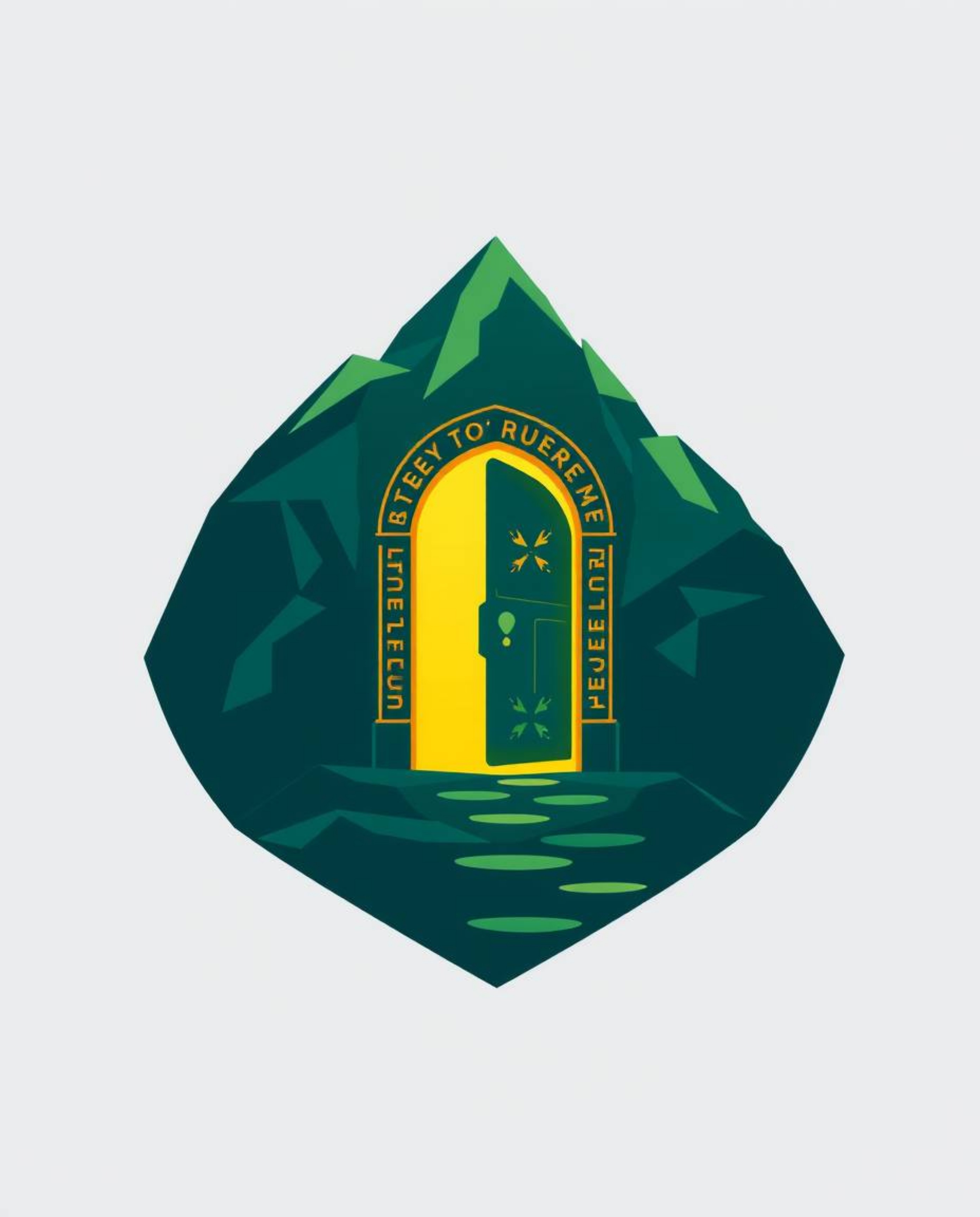 A geometric logo design featuring an ancient doorway glowing with runes set into a mountainside, rendered in rich deep teal w