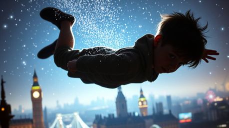 A captivating image of a young boy with fair skin, silhouetted against the London skyline, soaring through the air with shimm