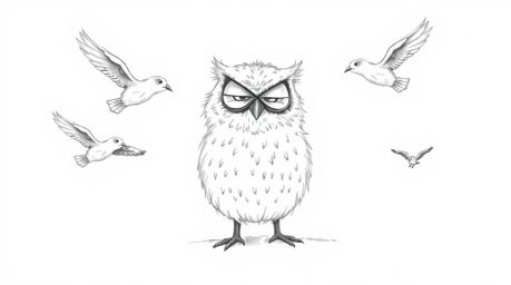 A heartwarming Pixar-style hand-drawn sketch depicts a fluffy, blind owl with an expressive posture, passionately instructing