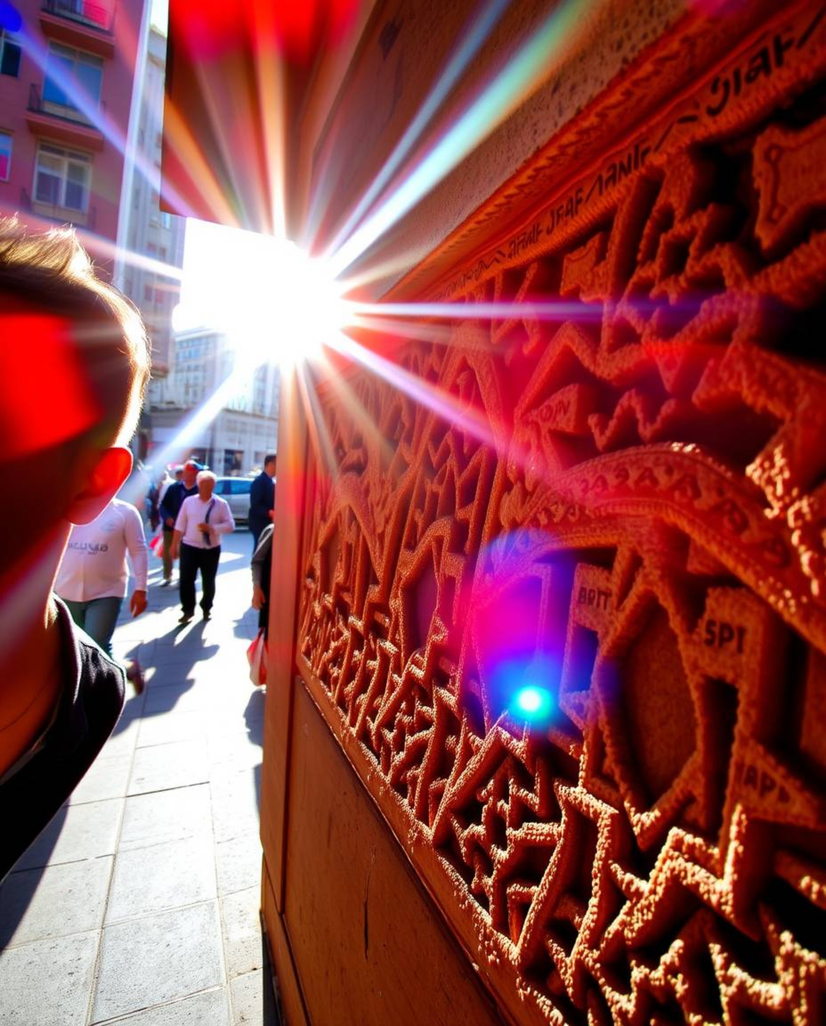 Capture the essence of candid street photography with vibrant reds, oranges, and yellows illuminating intricate Islamic geome