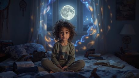 Immerse yourself in this highly detailed, cinematic photograph of a curious, moon-eyed kid in a cozy bedroom filled with drea