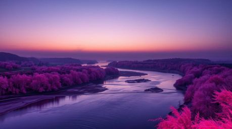 A mesmerizing river delta bathed in the soft glow of twilight colors, captured in a surreal infrared tone, creates a mystic a
