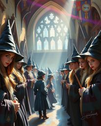 Immerse yourself in a magical school brimming with young wizards, depicted in a classic oil painting style. Witness the capti