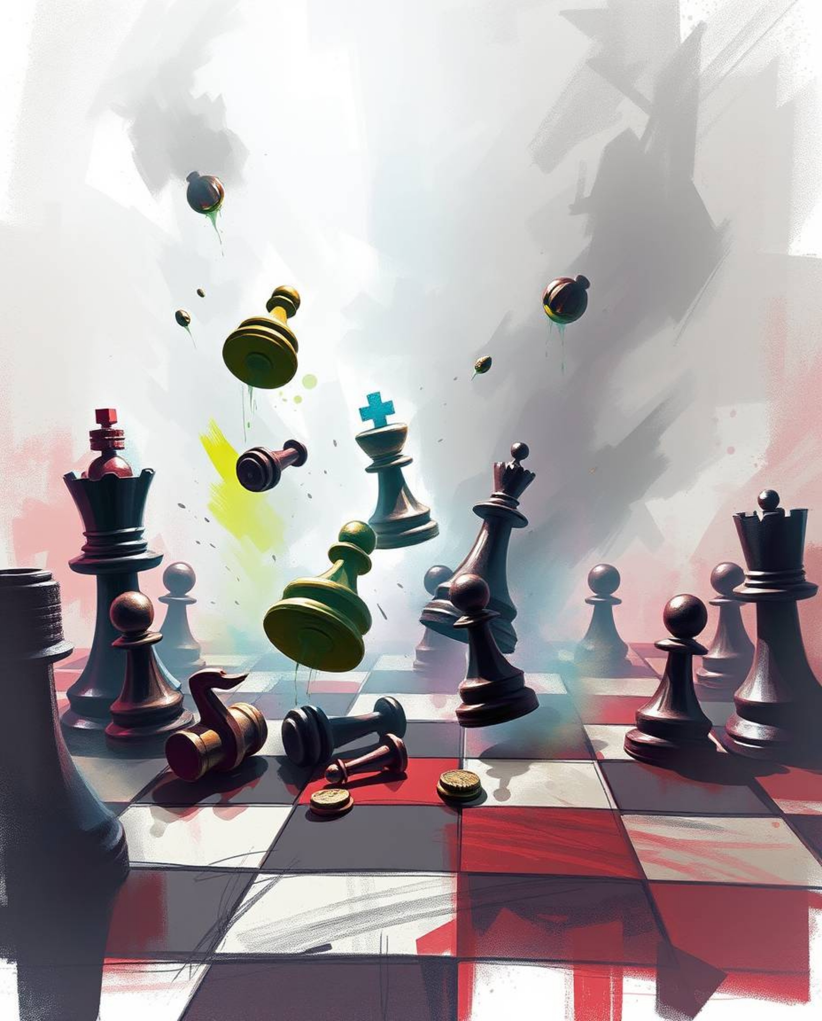This dynamic digital sketch captures a chessboard in a state of frozen destruction, with pieces suspended mid-air. The artwor