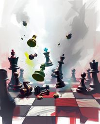 This dynamic digital sketch captures a chessboard in a state of frozen destruction, with pieces suspended mid-air. The artwor