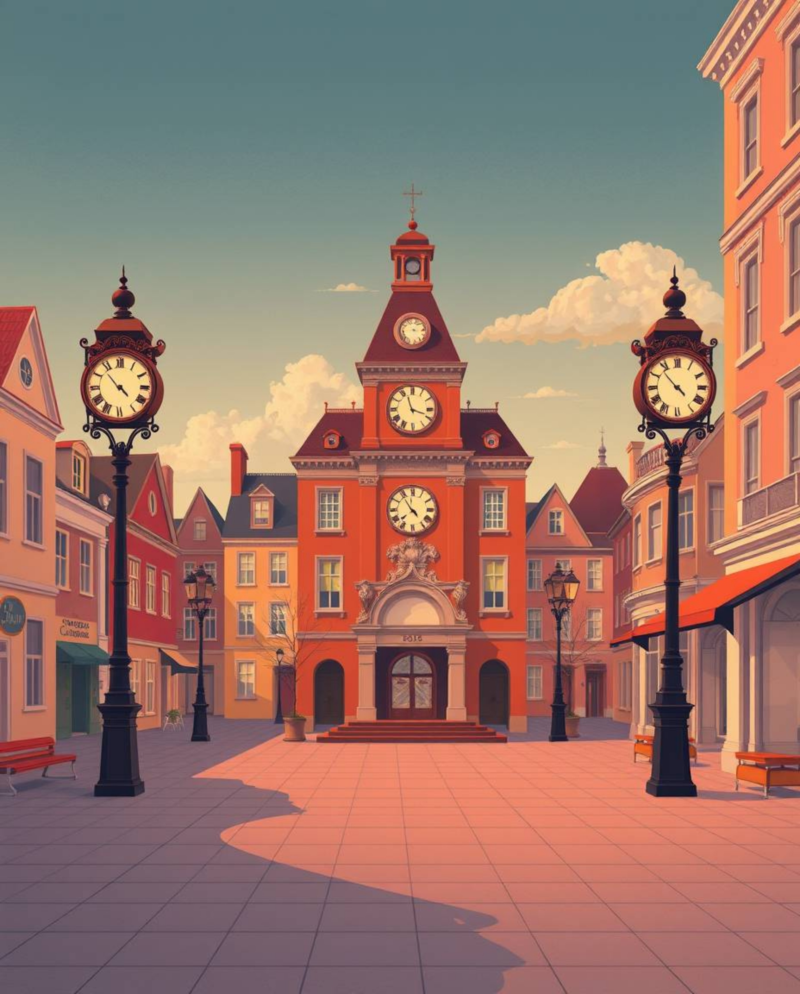 An elegant and graceful illustration depicting an empty town square, characterized by ticking clocks and a distinct absence o
