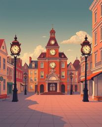 An elegant and graceful illustration depicting an empty town square, characterized by ticking clocks and a distinct absence o