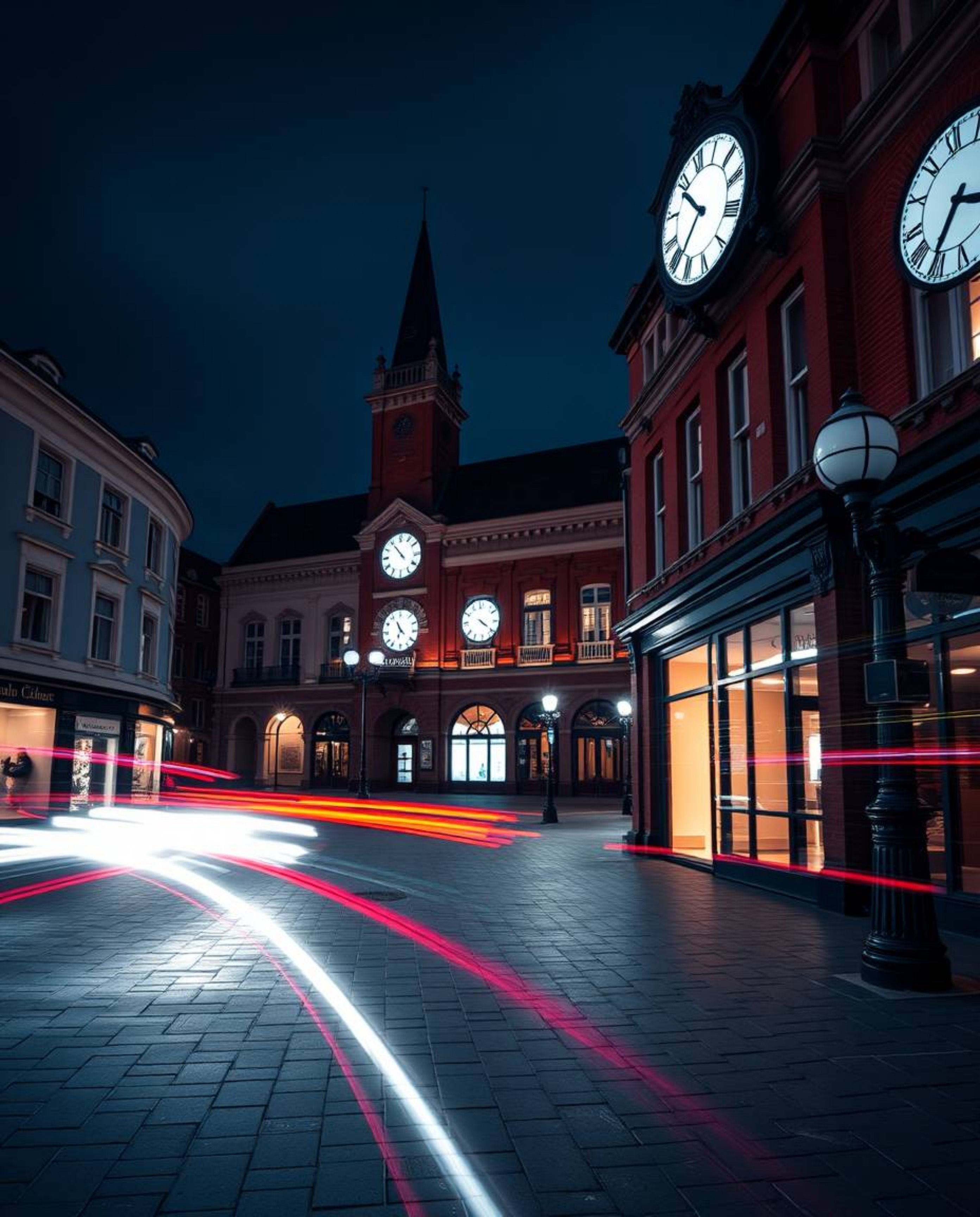 Capture the essence of tranquility and the passage of time with a long exposure photograph of an empty town square. The scene