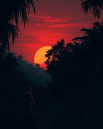 A dark and eerie illustration depicts a sunset obscured by a dense jungle canopy. This piece is intentionally designed with u