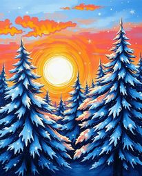 Adorable and charming acrylic painting of snowy pine trees sparkling in vibrant sunset light. Textured brushstrokes, cute fea
