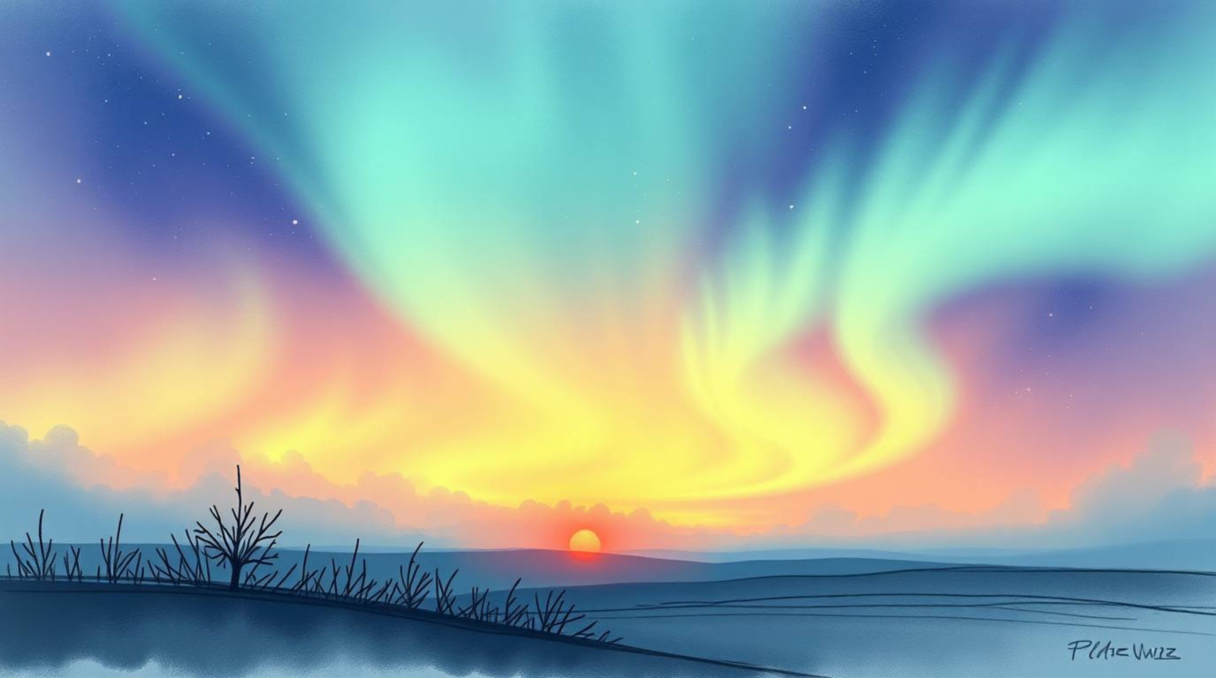 A soft, dreamy hand-drawn sketch in a color sketchnote style depicts the hazy, soft light of the Northern Lights emerging ove