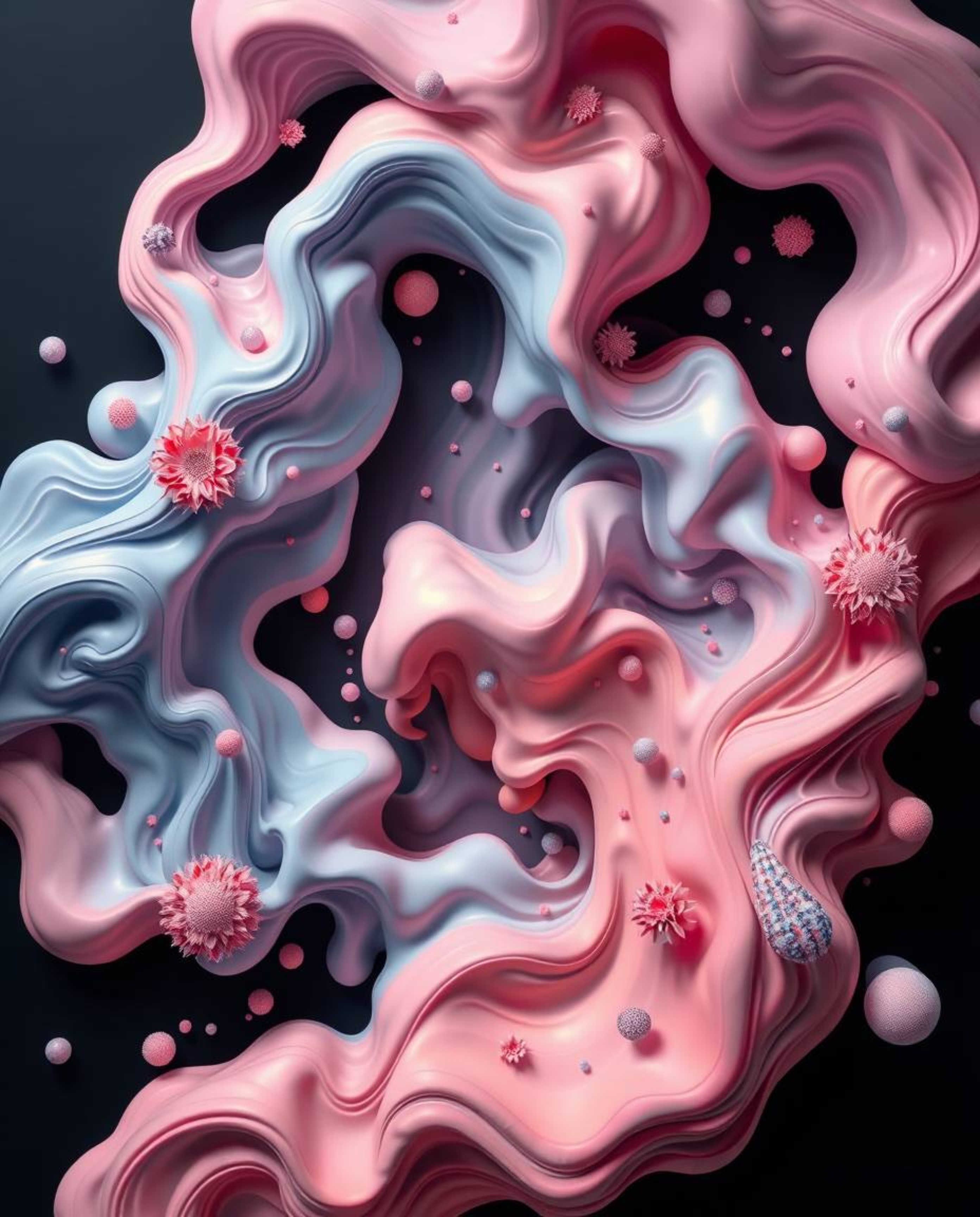This mesmerizing 3D illustration features an overhead view of dreamlike fluid shapes seamlessly morphing in an endless loop. 