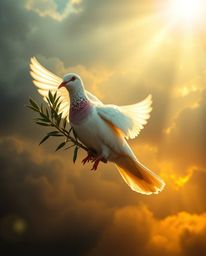 A stunning image depicting a dove carrying an olive branch amidst stormy skies.  The scene is bathed in a warm, golden glow, 