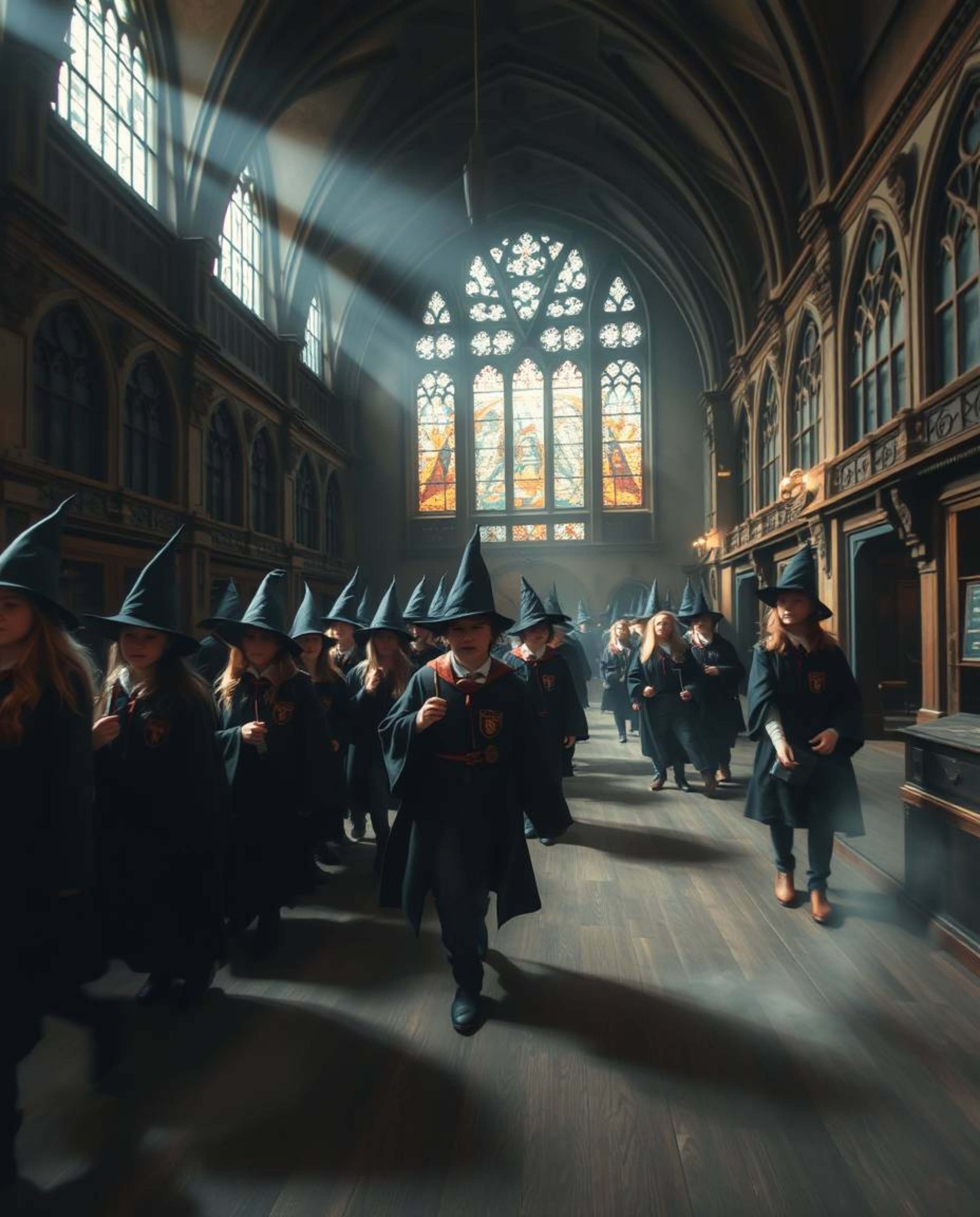 Capture the enchanting atmosphere of a magical school filled with young wizards in this stunning long-exposure photograph. Th